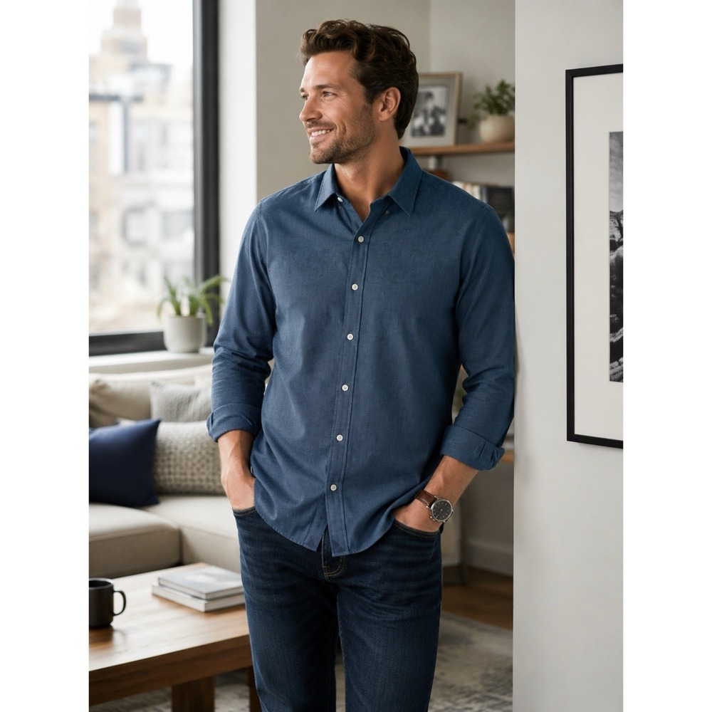 UNTUCKit Veneto WF Button Front Shirt Size Large Blue Slim Fit Wrinkle Free